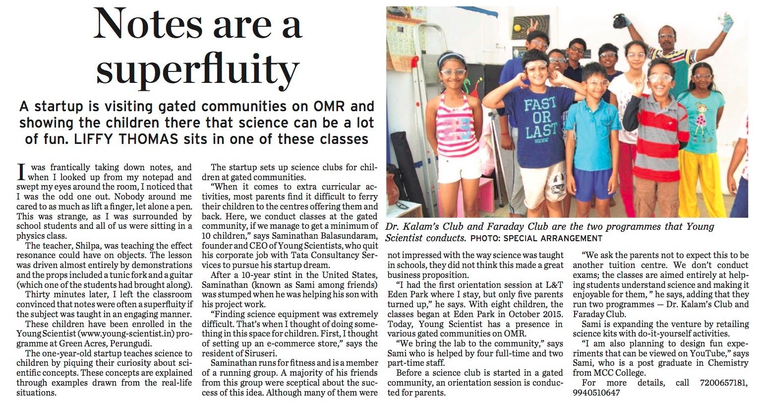 The Hindu article about Young-Scientist.in science enrichment